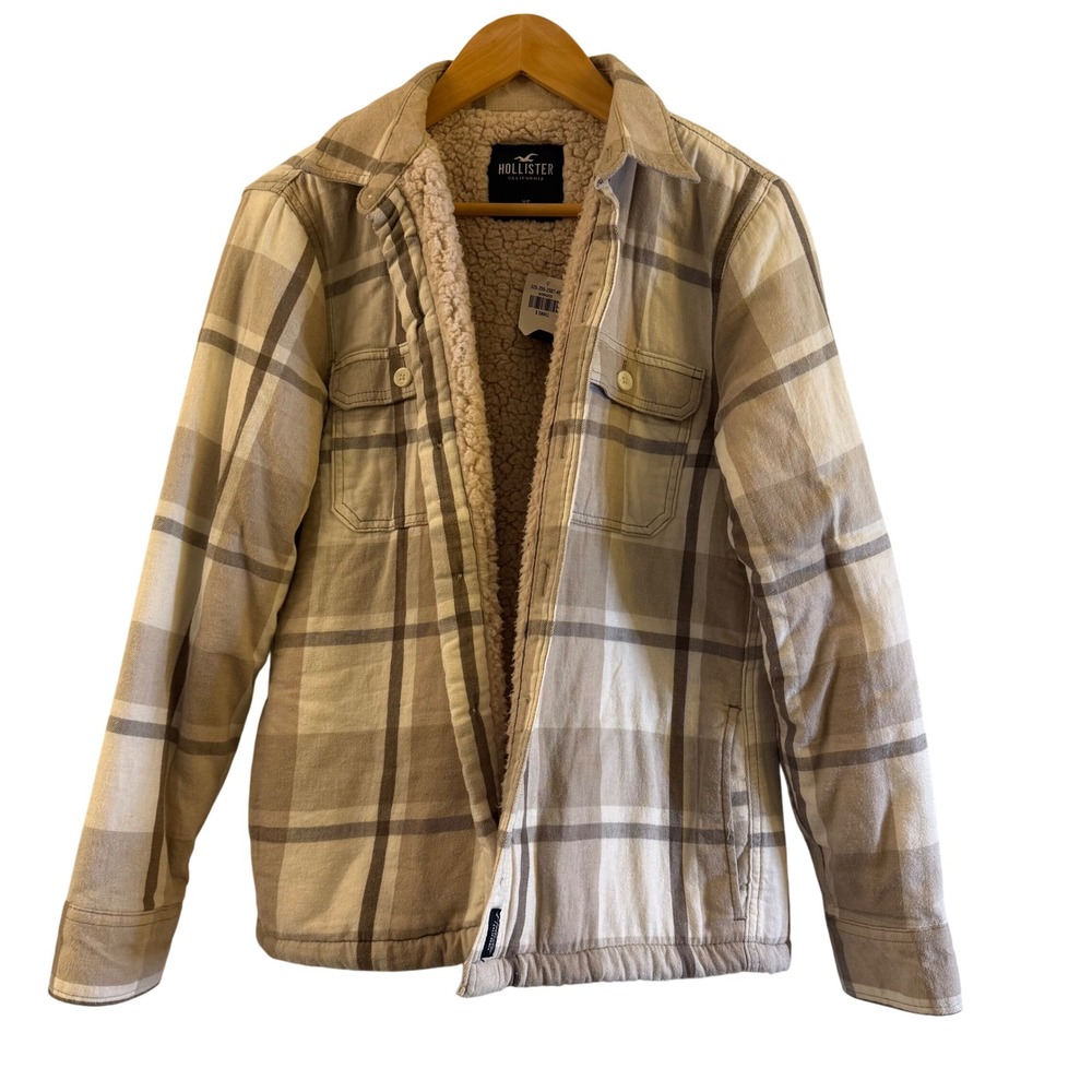 NWT Hollister Sherpa Lined Flannel Shirt Jacket Tan Plaid Womens‎ XS